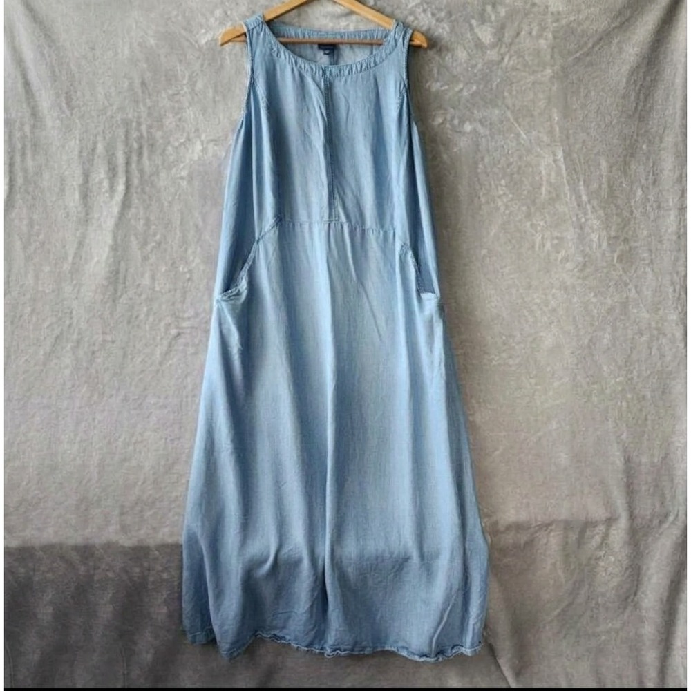 J. Jill Denim Maxi Dress Womens Size XL Blue Chambray Long Pockets Tank Slit Hem